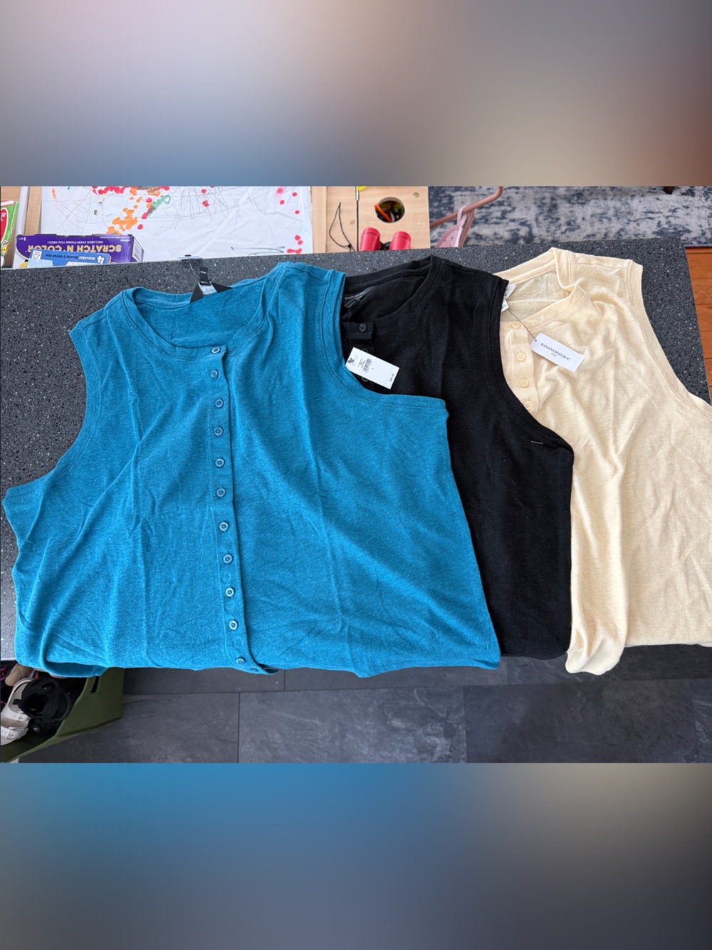 Banana Republic- Set of 3 Sleeveless Button-Front Knit Tops - Teal, Black, Cream
